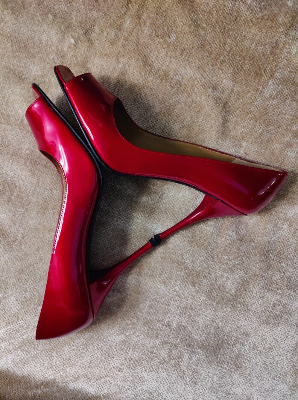 Stuart Weitzman Red Patent Peep-Toe Heels, Size 9 - Picture 5 of 14